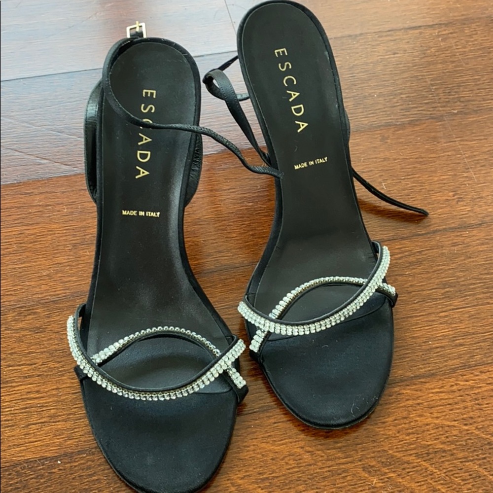 ESCADA black satin & Swarovski crystal sandal 39.5